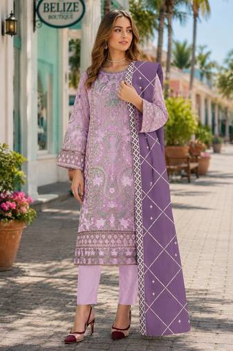 Lavender chiffon semi stitched suit with embridery & sequence work