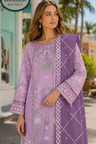 Lavender chiffon semi stitched suit with embridery & sequence work