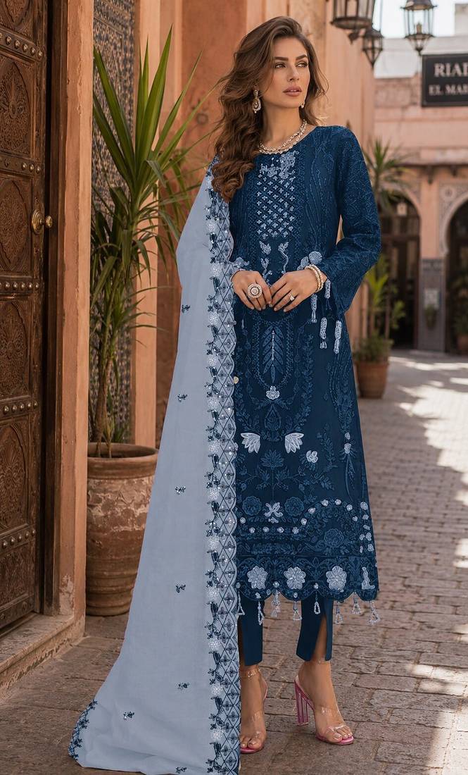 Blue embroidered faux georgette semi stitched salwar suit