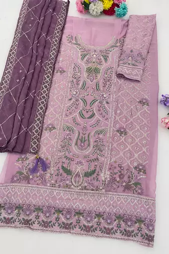 Lavender chiffon semi stitched suit with embridery & sequence work