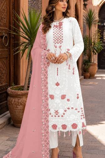 Off white embroidered faux georgette semi stitched salwar suit