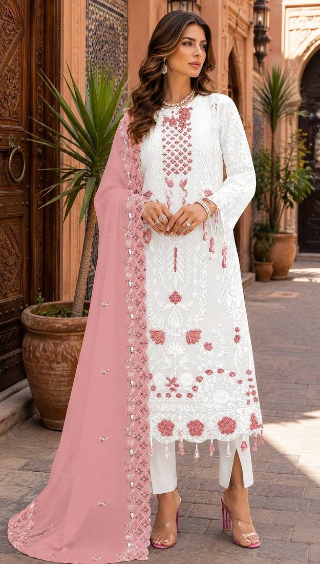 Off white embroidered faux georgette semi stitched salwar suit