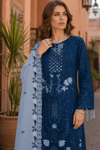 Blue embroidered faux georgette semi stitched salwar suit