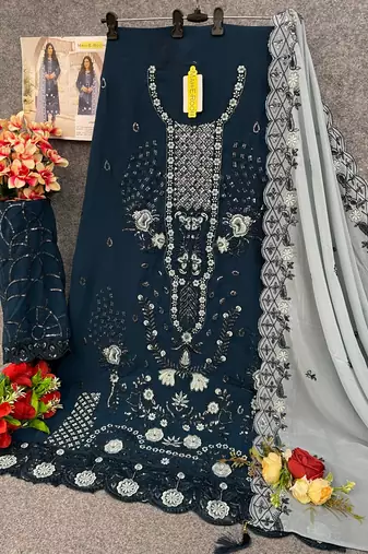 Blue embroidered faux georgette semi stitched salwar suit