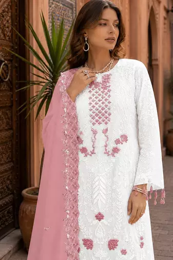 Off white embroidered faux georgette semi stitched salwar suit