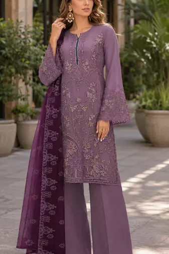 Light purple embroidered faux georgette semi stitched salwar suit