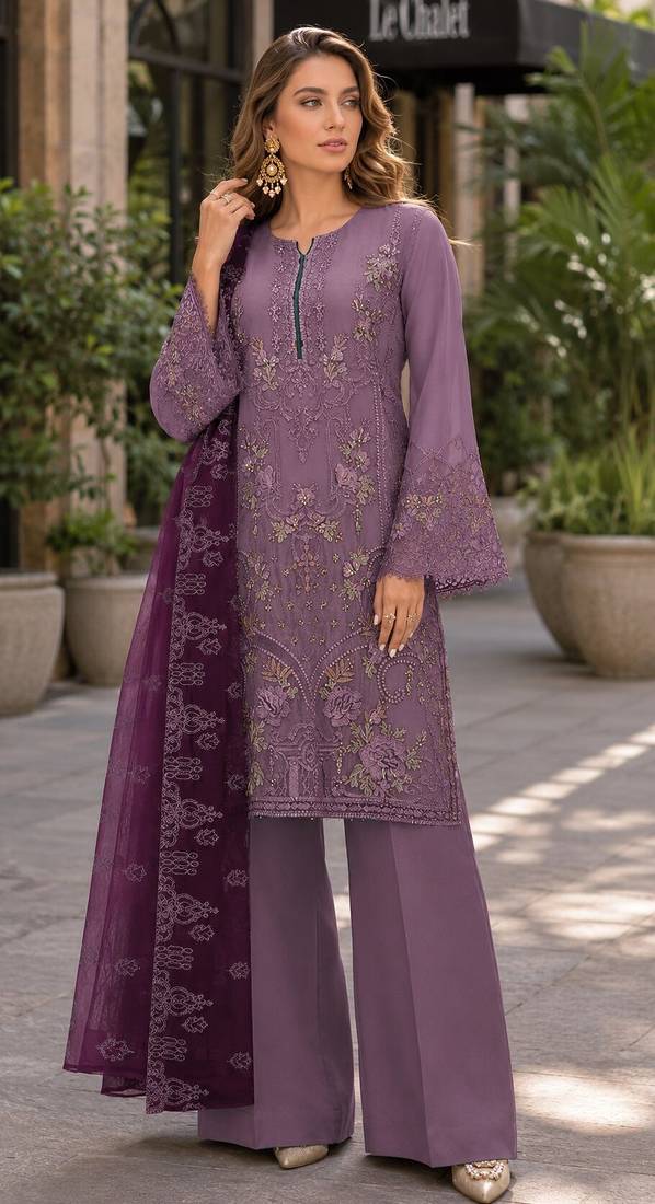 Light purple embroidered faux georgette semi stitched salwar suit