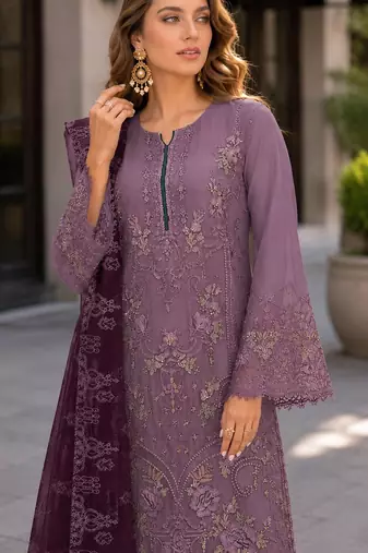 Light purple embroidered faux georgette semi stitched salwar suit