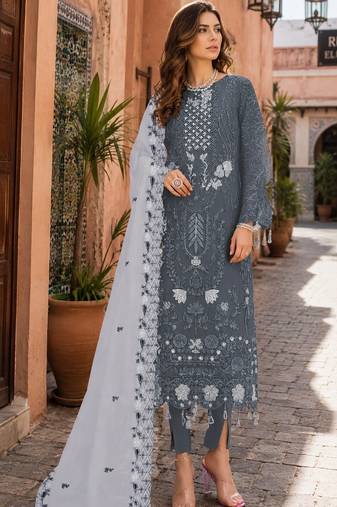 Grey embroidered faux georgette semi stitched salwar suit