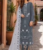 Grey embroidered faux georgette semi stitched salwar suit