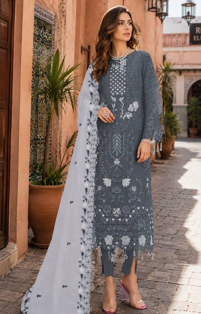 Grey embroidered faux georgette semi stitched salwar suit
