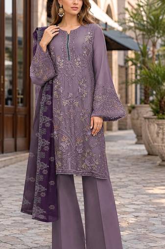 Purple embroidered faux georgette semi stitched salwar suit