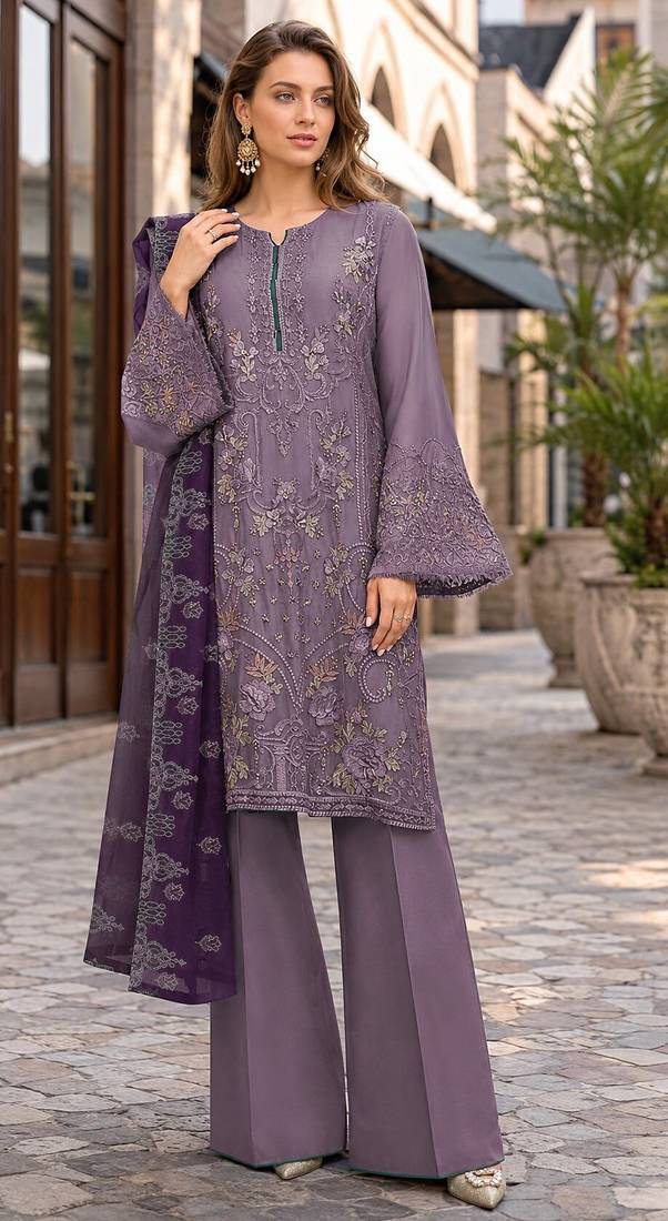 Purple embroidered faux georgette semi stitched salwar suit