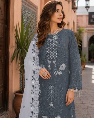 Grey embroidered faux georgette salwar suit 2