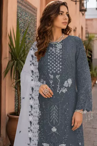 Grey embroidered faux georgette semi stitched salwar suit