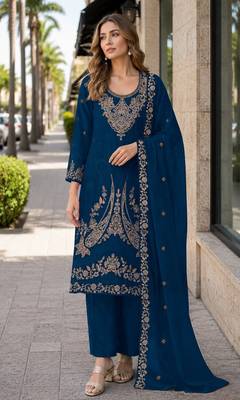 Teal blue velvet semi stitched suit with embroidery codding work 1