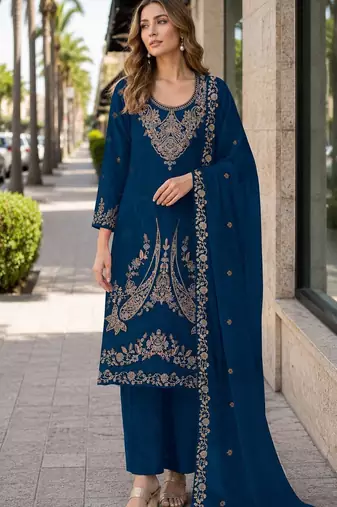 Teal blue velvet semi stitched suit with embroidery codding work