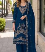 Teal blue velvet semi stitched suit with embroidery codding work
