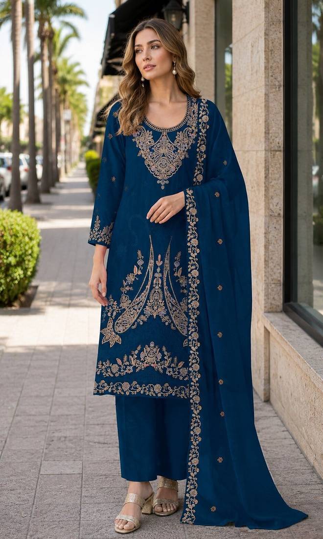 Teal blue velvet semi stitched suit with embroidery codding work