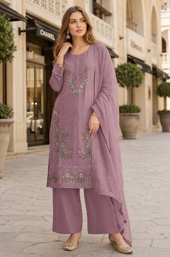 Purple chiffon semi stitched suit with embroidery & sequence work