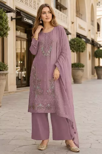 Purple chiffon semi stitched suit with embroidery & sequence work