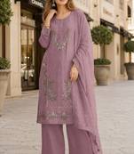 Purple chiffon semi stitched suit with embroidery & sequence work