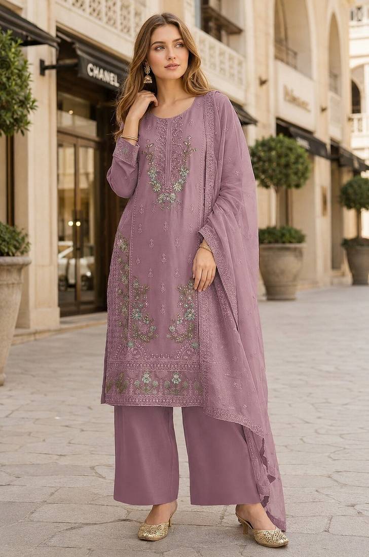 Purple chiffon semi stitched suit with embroidery & sequence work