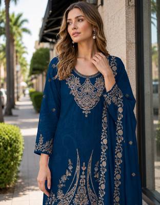 Teal blue velvet semi stitched suit with embroidery codding work 2