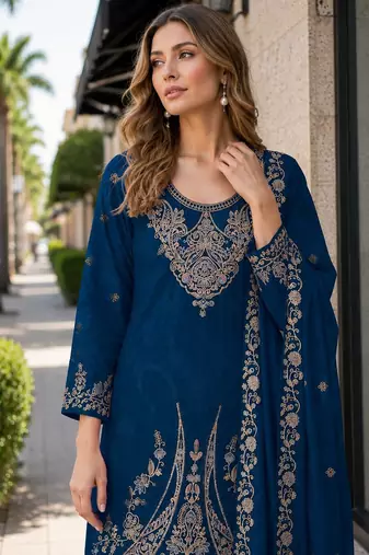 Teal blue velvet semi stitched suit with embroidery codding work