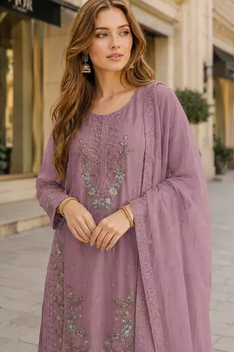 Purple chiffon semi stitched suit with embroidery & sequence work