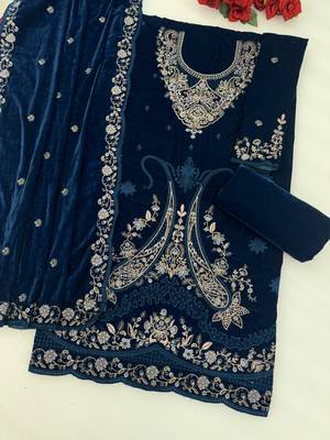 Teal blue velvet semi stitched suit with embroidery codding work 3