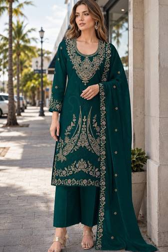 Dark green velvet semi stitched suit with embroidery codding work