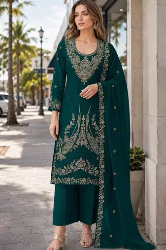 Dark green velvet semi stitched suit with embroidery codding work