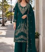 Dark green velvet semi stitched suit with embroidery codding work