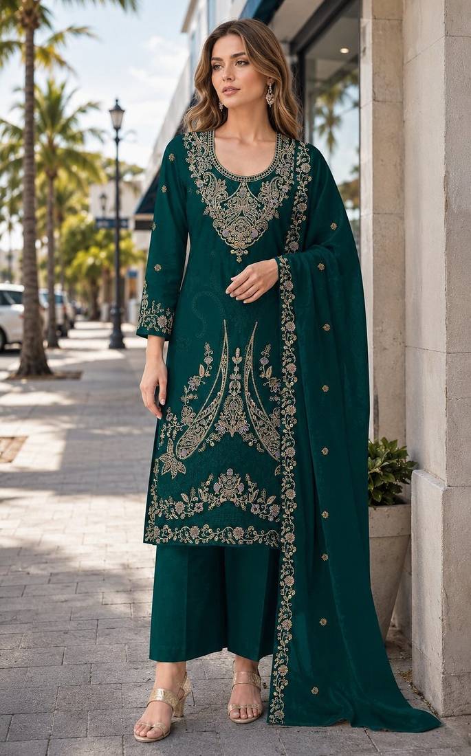 Dark green velvet semi stitched suit with embroidery codding work