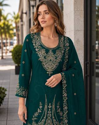 Dark green velvet semi stitched suit with embroidery codding work 2