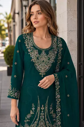 Dark green velvet semi stitched suit with embroidery codding work