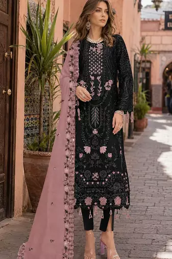 Black embroidered faux georgette semi stitched salwar suit