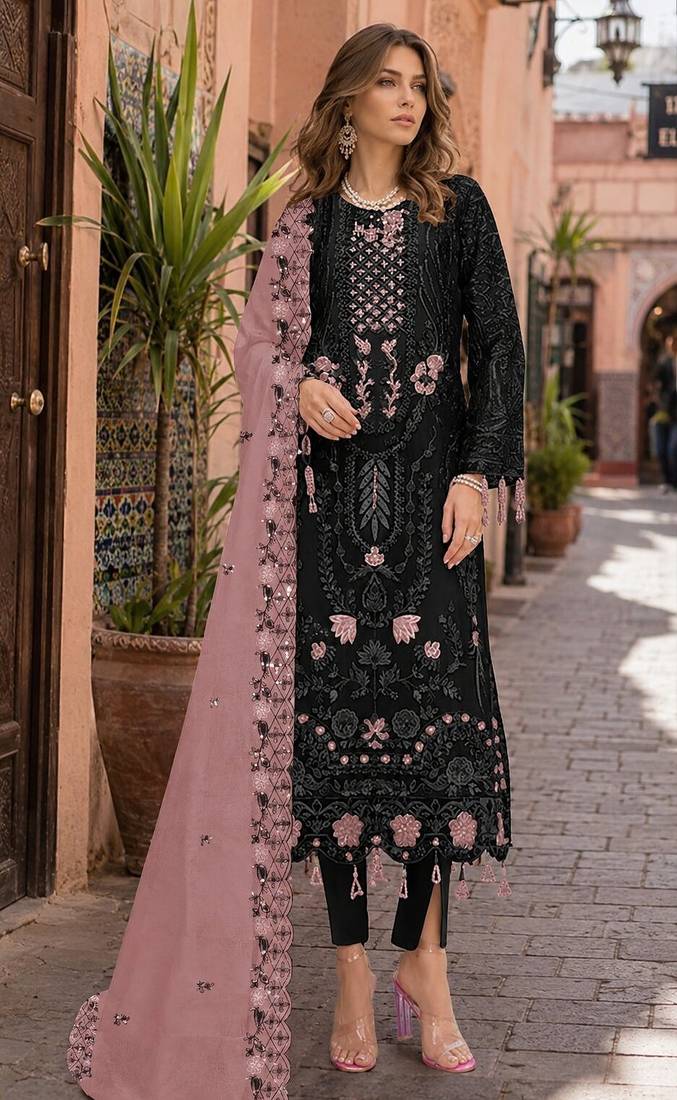 Black embroidered faux georgette semi stitched salwar suit
