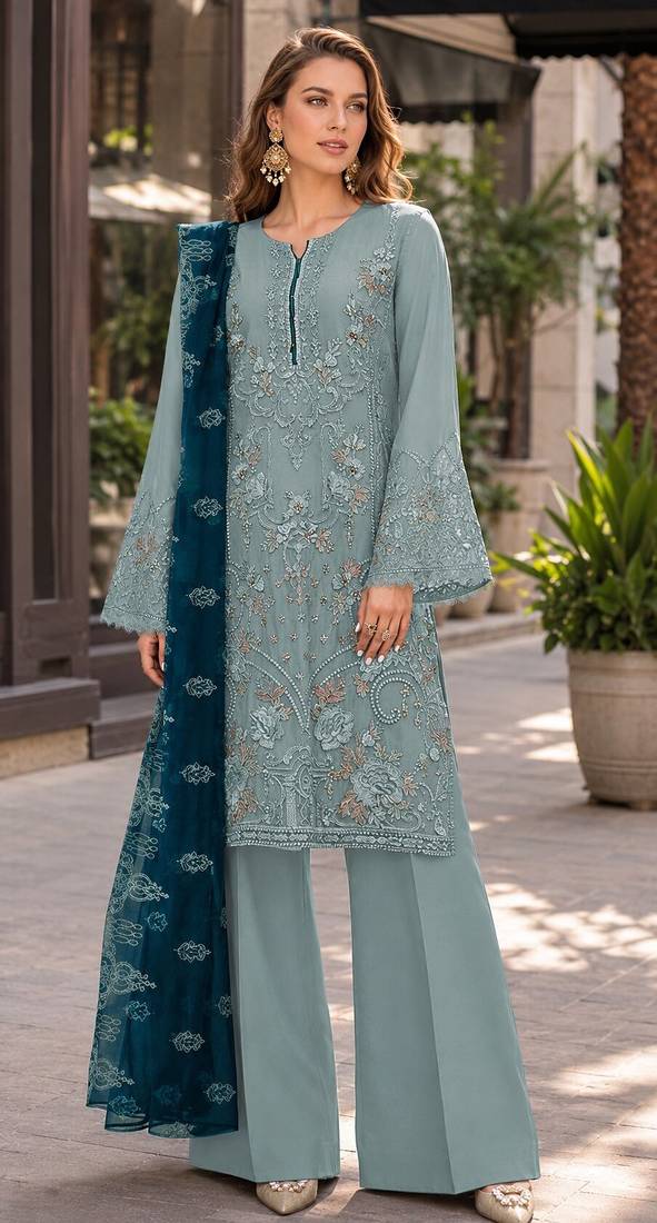 Light green embroidered faux georgette semi stitched salwar suit
