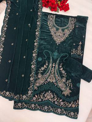 Dark green velvet semi stitched suit with embroidery codding work 3