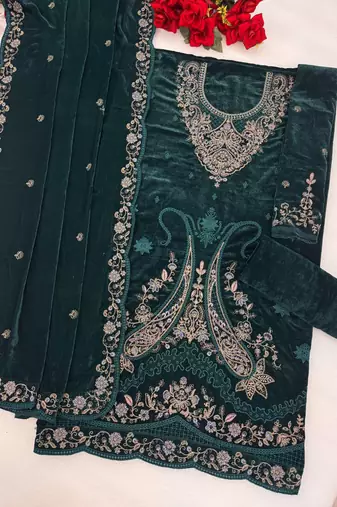 Dark green velvet semi stitched suit with embroidery codding work
