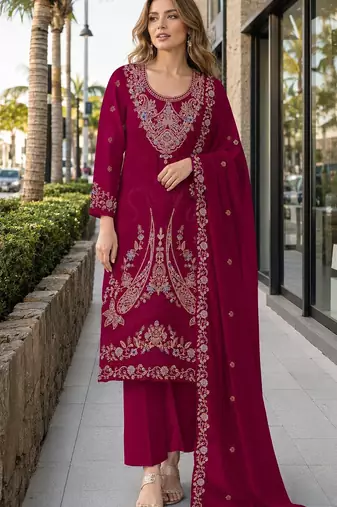 Red velvet semi stitched suit with embroidery codding work