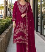 Red velvet semi stitched suit with embroidery codding work