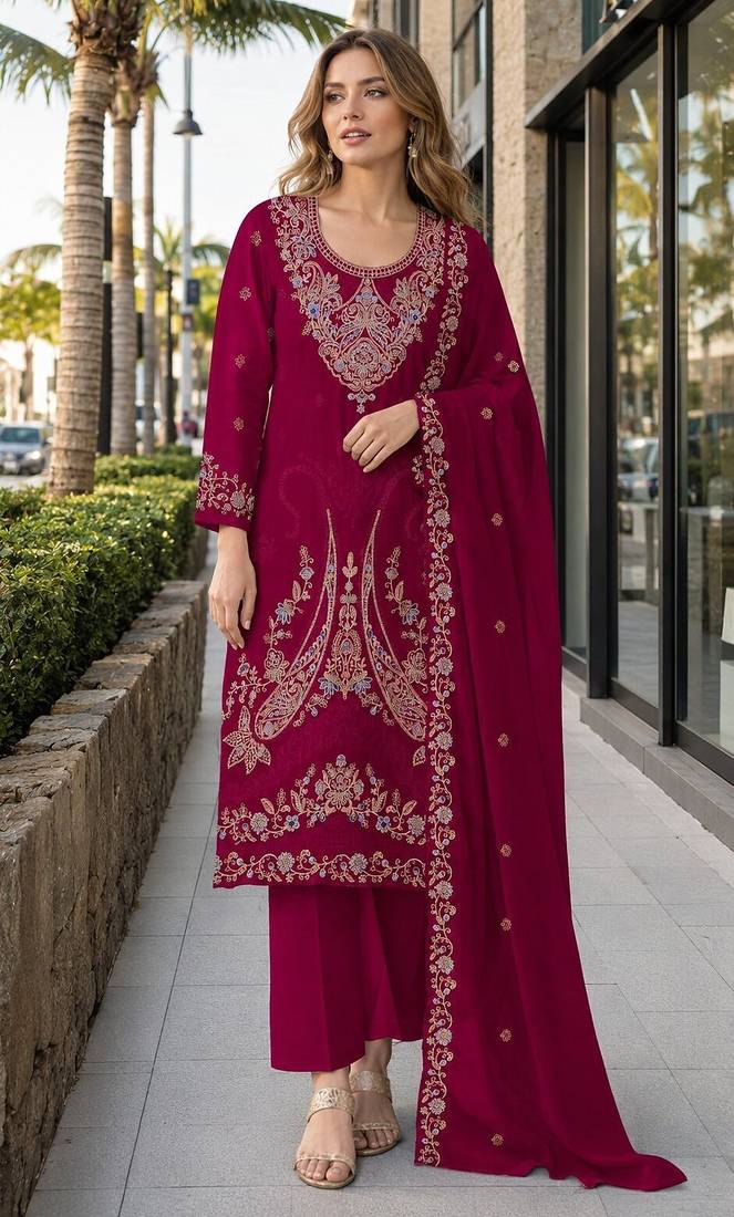 Red velvet semi stitched suit with embroidery codding work