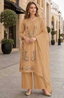 Yellow chiffon semi stitched suit with embroidery & sequin work 1