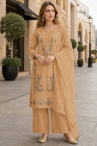 Yellow chiffon semi stitched suit with embroidery & sequence work