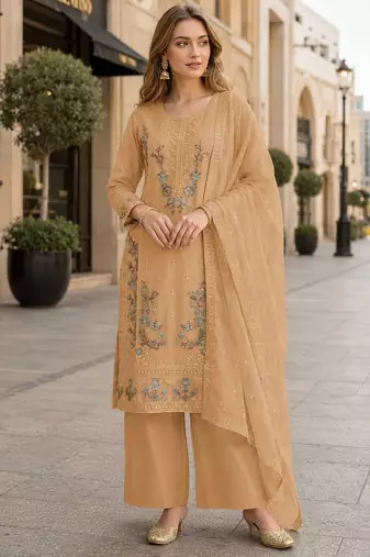 Yellow chiffon semi stitched suit with embroidery & sequence work