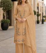 Yellow chiffon semi stitched suit with embroidery & sequence work