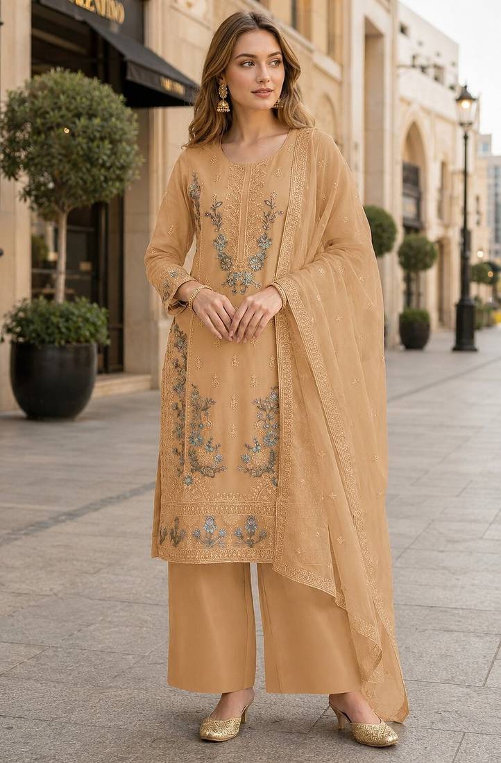 Yellow chiffon semi stitched suit with embroidery & sequence work